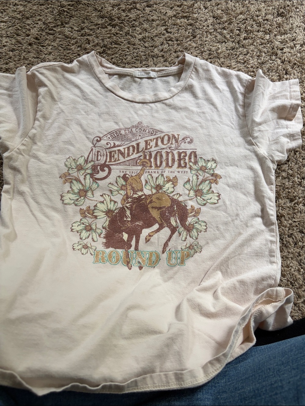 Full Tilt Pale Pink Graphic Tee with Brown and Green Rodeo Print